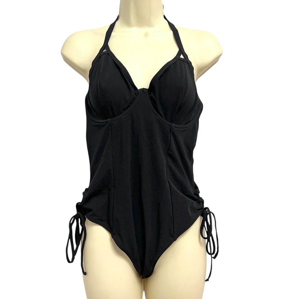 Miss Mandalay Swimsuit Womens UK 34E Black Halter Underwire One‎ Piece Side Tie